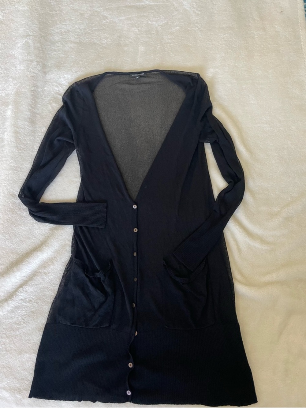 Eileen Fisher Black Lightweight Long Knit Cardigan